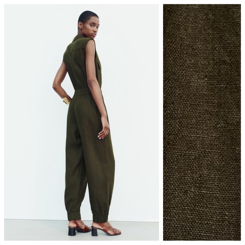 NWT. Zara Dark Khaki Linen Blend Sleeveless Jumpsuit. Size M. - Picture 3 of 11